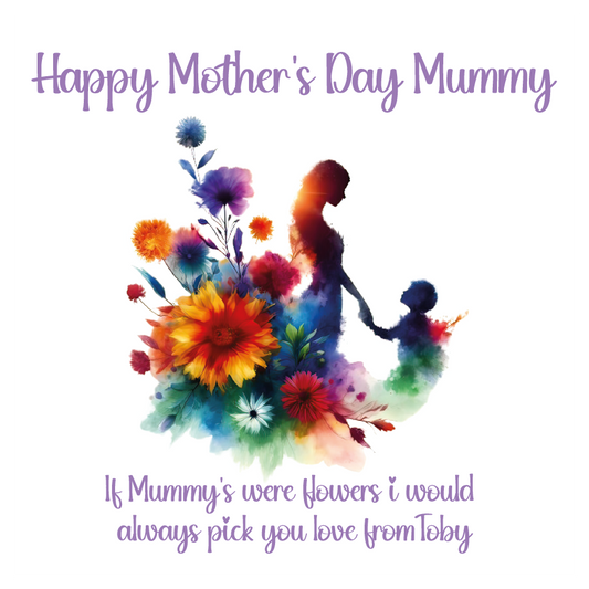 Colorful Mother's Day card with silhouette of a mother and child holding hands, surrounded by flowers. Can be personalised with child/children's names and for any maternal relationship