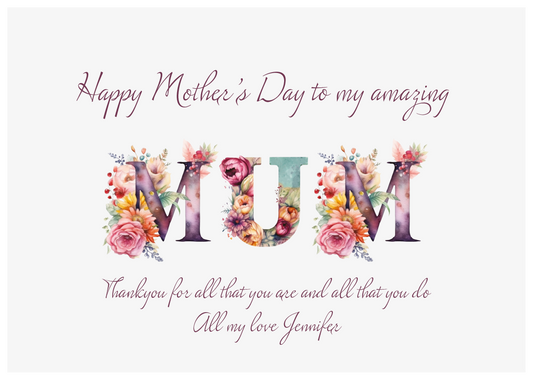 Mother's Day card with floral letters spelling 'MUM' on a white background with a mother's day meassage from 'name' which can be personalised