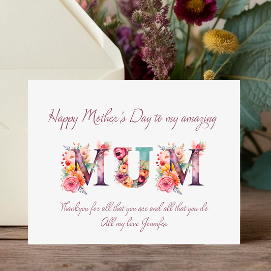 Mother's Day card with floral 'MUM' text and flowers in the background
