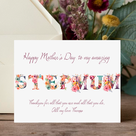 Greeting card for stepmum with floral text on a wooden surface with flowers in the background