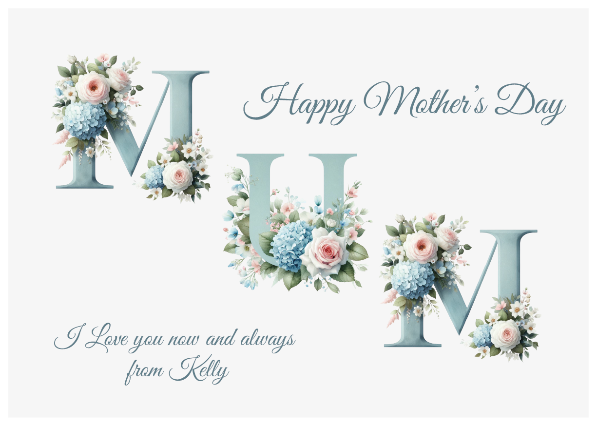 Mother's Day card with floral designs and 'Happy Mother's Day' text on a white background with a mother's day meassage from 'name' which can be personalised