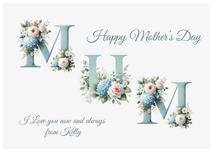 Mother's Day card with floral designs and 'Happy Mother's Day' text on a white background with a mother's day meassage from 'name' which can be personalised