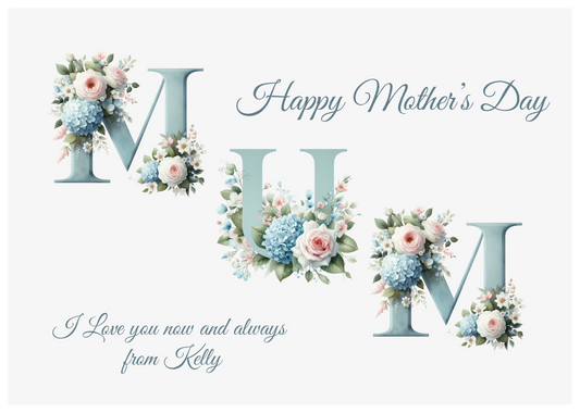 Mother's Day card with floral designs and 'Happy Mother's Day' text on a white background with a mother's day meassage from 'name' which can be personalised