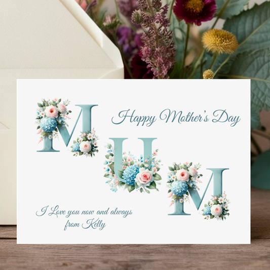 Mother's Day card with floral designs and 'Happy Mother's Day' text on a wooden surface.