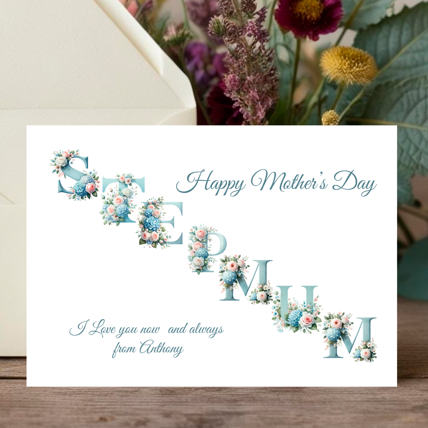 Mother's Day card with floral letters and flowers in the background