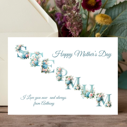 Mother's Day card with floral letters and flowers in the background