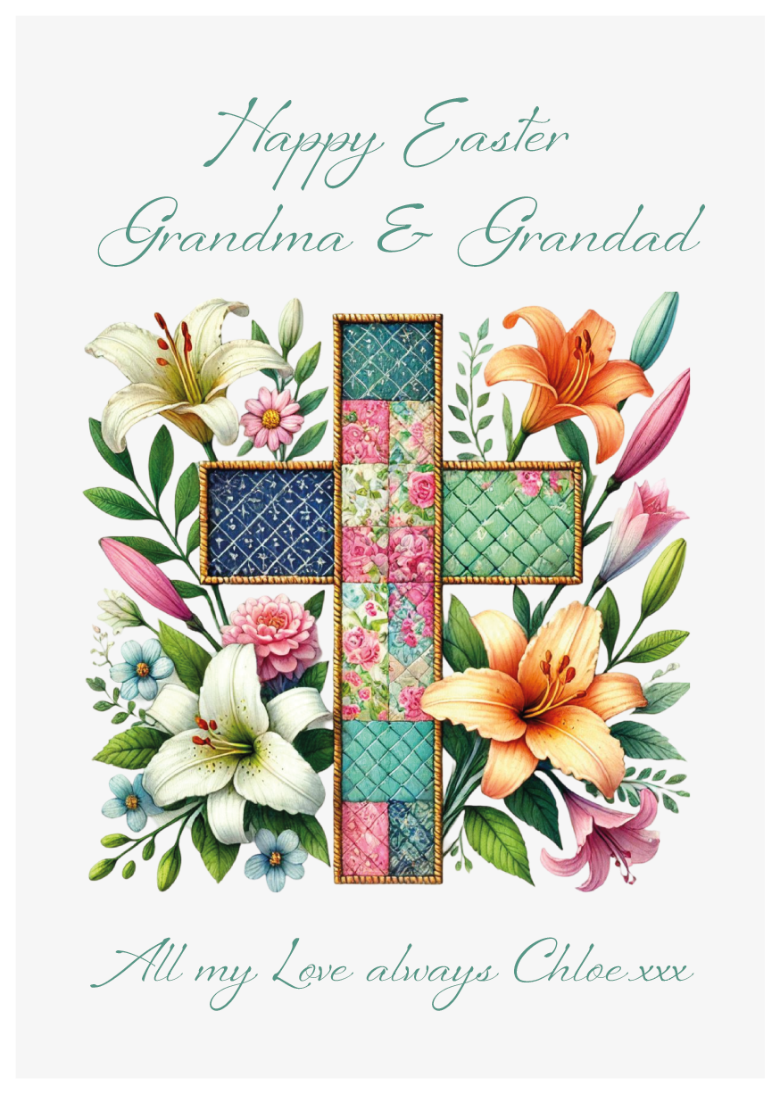 Easter card with  a patchwork cross and flowers for Grandma & Grandad on a white background.  Can be personalised with name and relation