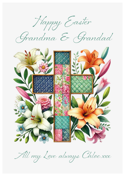 Easter card with  a patchwork cross and flowers for Grandma & Grandad on a white background.  Can be personalised with name and relation