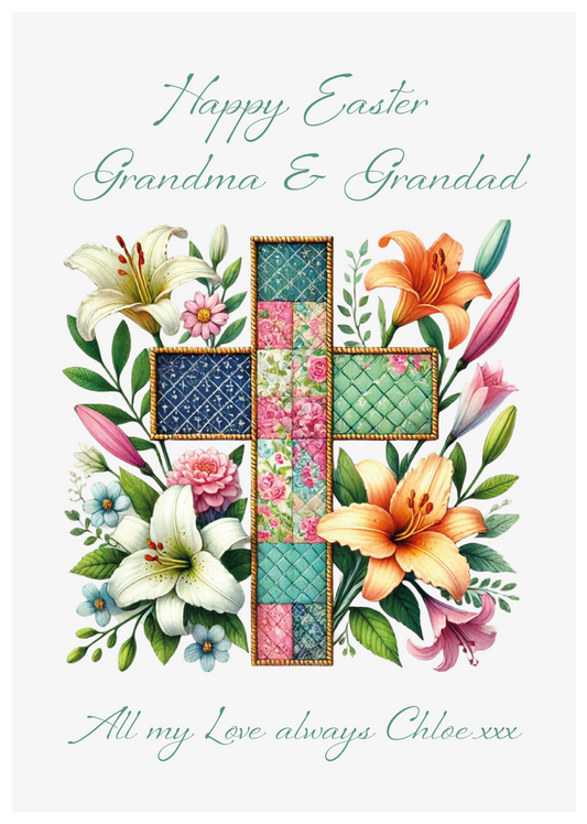 Easter card with  a patchwork cross and flowers for Grandma & Grandad on a white background.  Can be personalised with name and relation