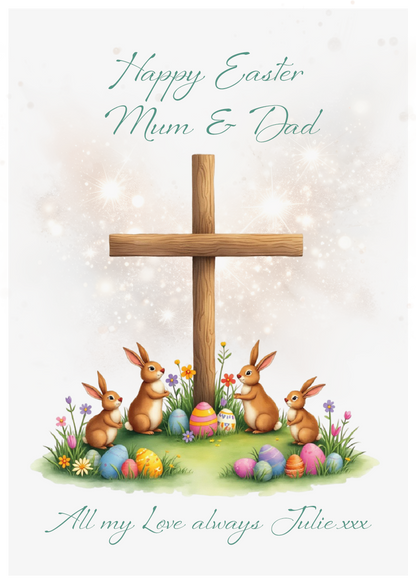 Easter Card with an illustration of a wooden cross surrounded by bunnies and ester eggs and a personalised easter message. Can be personalised for Name and Relation