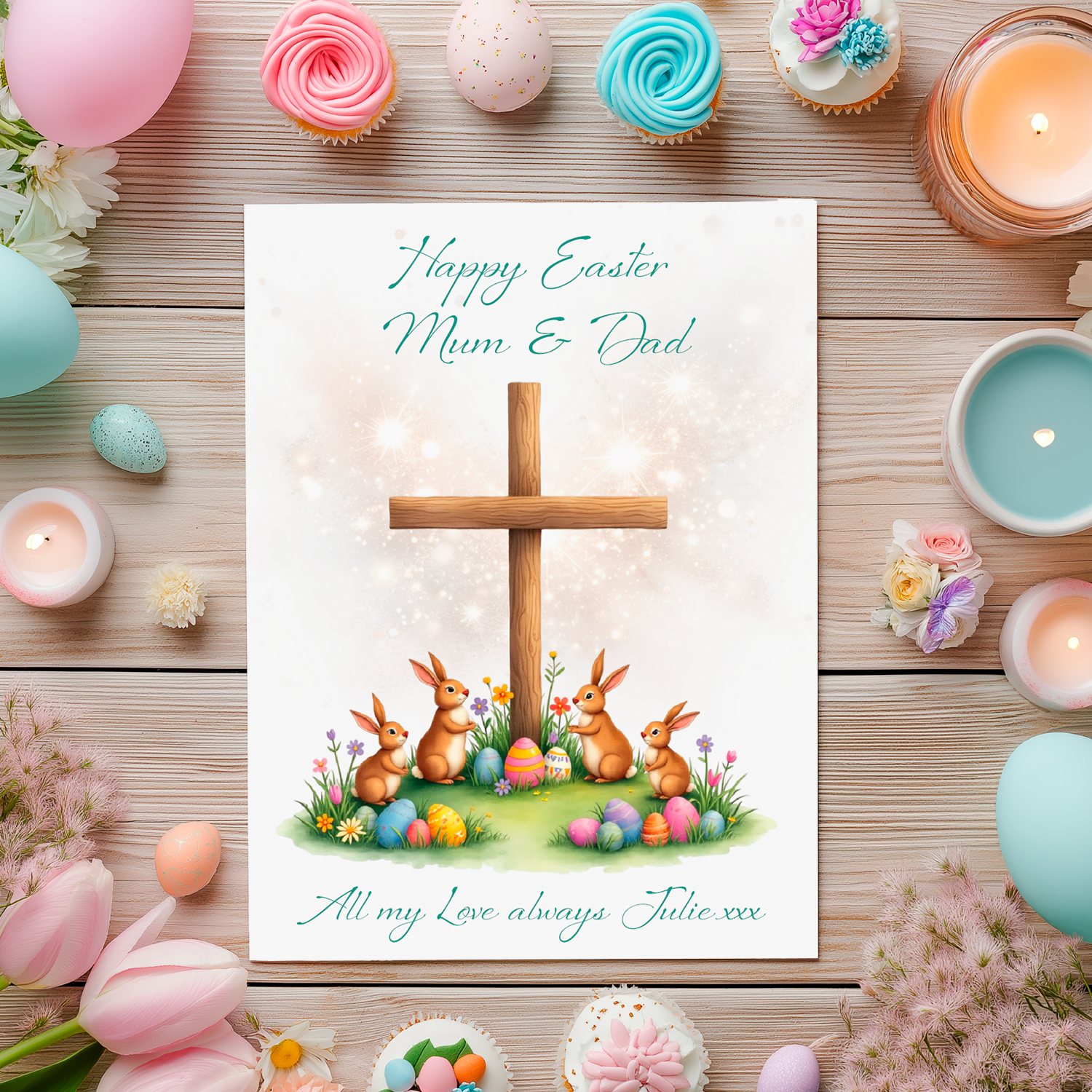Easter card with bunnies, eggs, and cross surrounded by Easter decorations on a wooden background. Can be personalised with name and relation