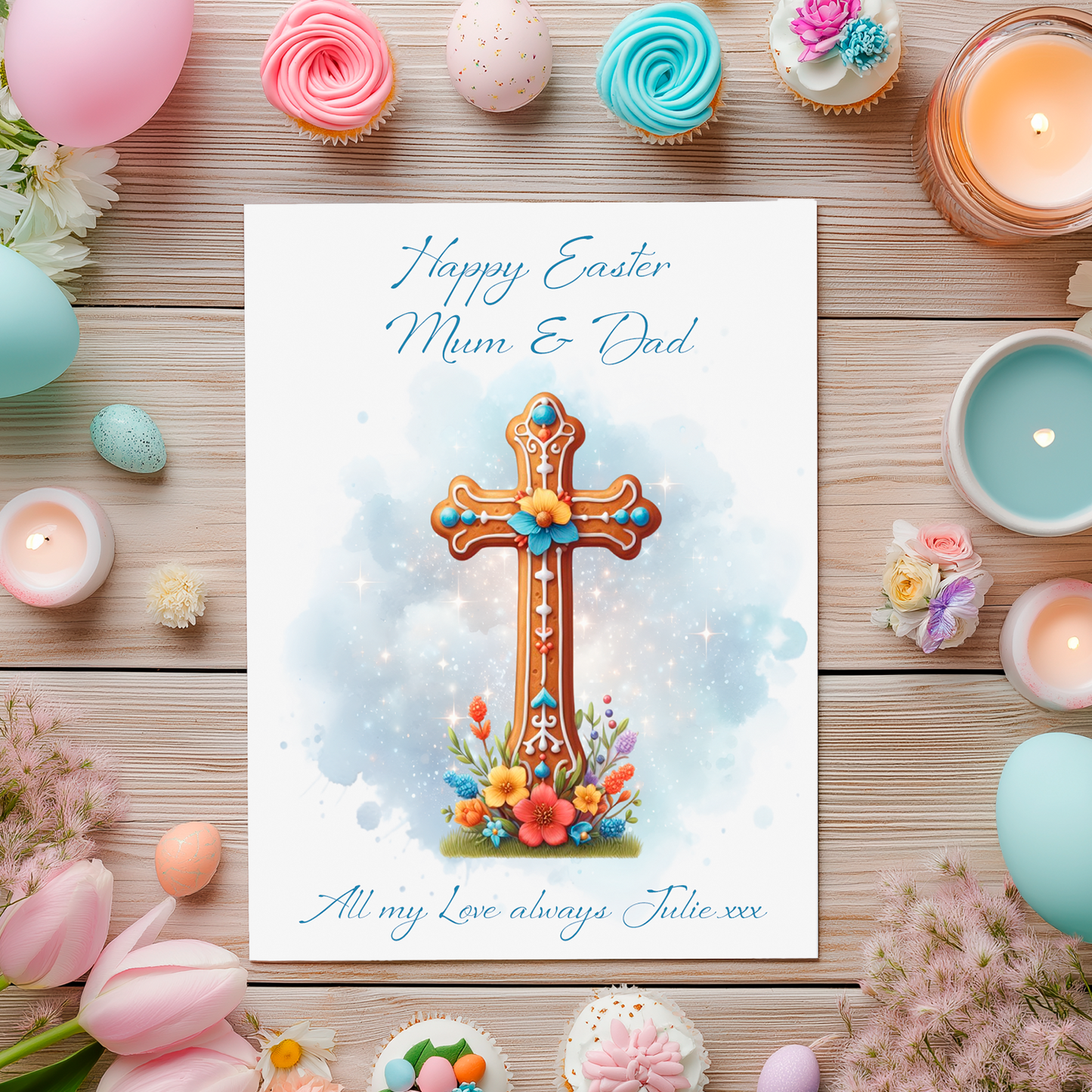 Easter card with cross design surrounded by Easter decorations on a wooden surface. Can be personalised with name and relation