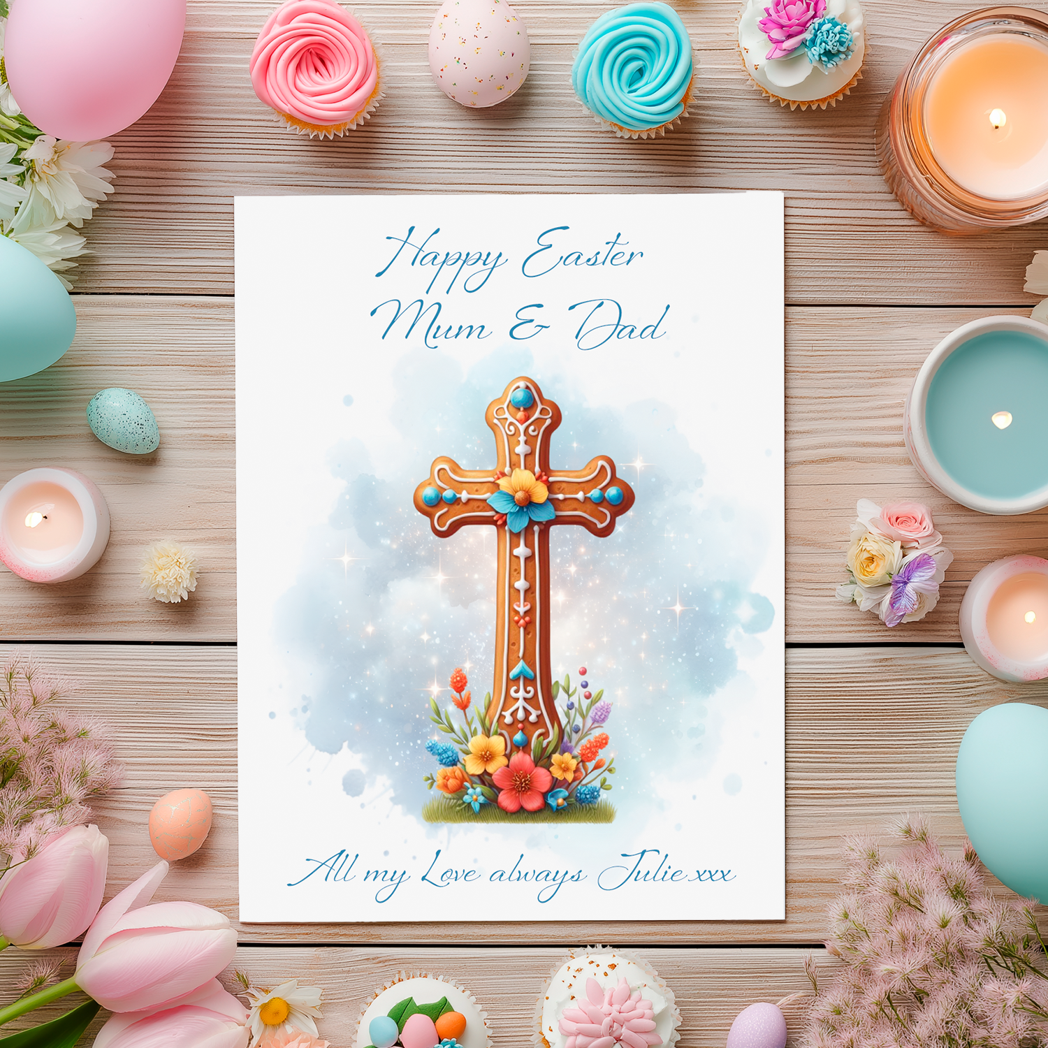 Easter card with cross design surrounded by Easter decorations on a wooden surface. Can be personalised with name and relation