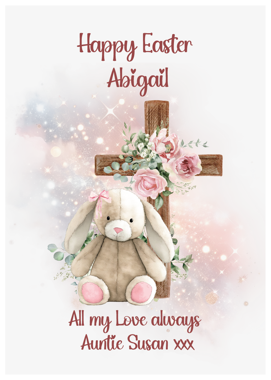 Easter card with a pink bunny, cross, and flowers on a light background. and an eater message. Can be personalised with name and relation