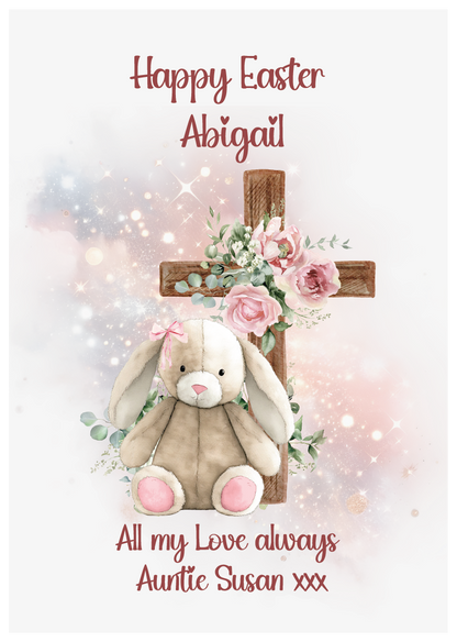 Easter card with a pink bunny, cross, and flowers on a light background. and an eater message. Can be personalised with name and relation