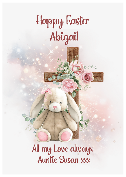 Easter card with a pink bunny, cross, and flowers on a light background. and an eater message. Can be personalised with name and relation