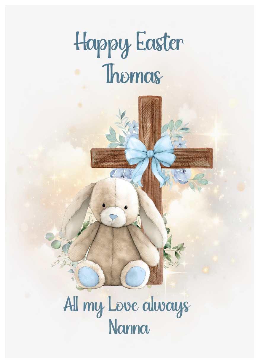 Easter card with a teddy bear, cross, and text 'Happy Easter Thomas. All my love always Nanna' on a light background. Can be personalised with name and relation