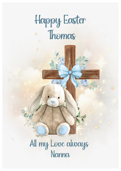Easter card with a teddy bear, cross, and text 'Happy Easter Thomas. All my love always Nanna' on a light background. Can be personalised with name and relation
