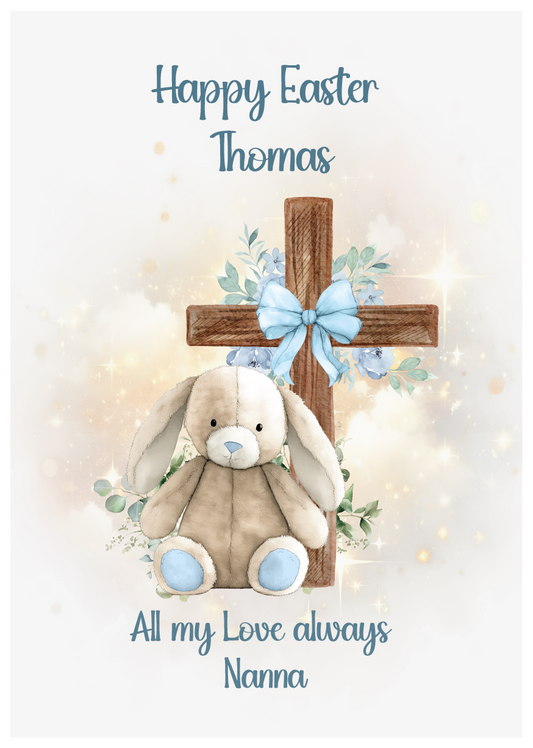 Easter card with a teddy bear, cross, and text 'Happy Easter Thomas. All my love always Nanna' on a light background. Can be personalised with name and relation