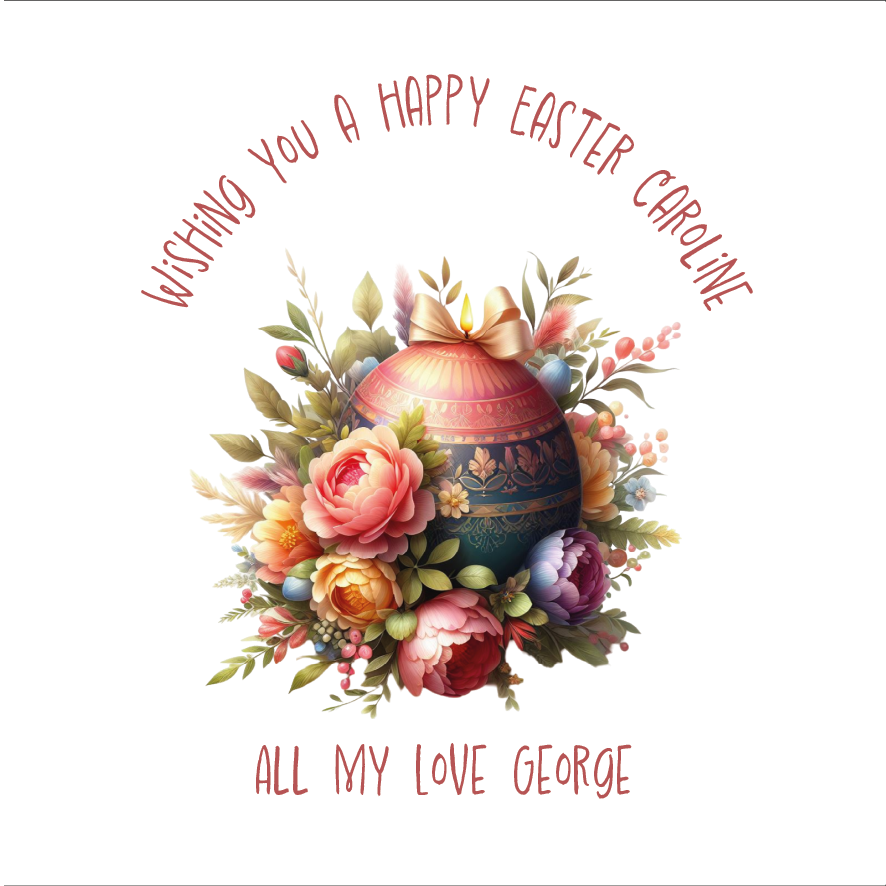 Easter card with floral design and Easter Egg  and personalized text on a white background. Can be personalised with Name and Relation