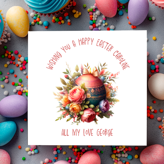Easter card with colorful egg and flowers on a decorative background. Can be personalised with Name and Relation