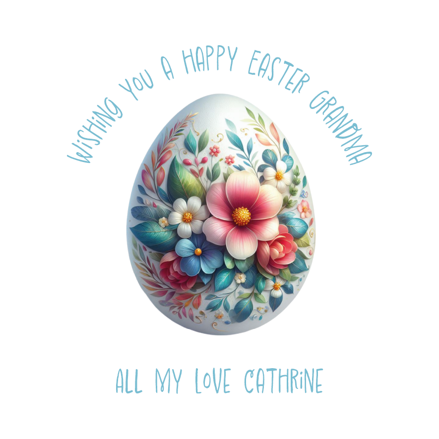 Decorative Easter egg with floral design and personalized message on a white background.Can be personalised with Name and Relation