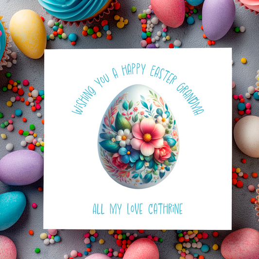 Easter card with floral egg design surrounded by colorful Easter eggs and candies. Can be personalised with Name and Relation