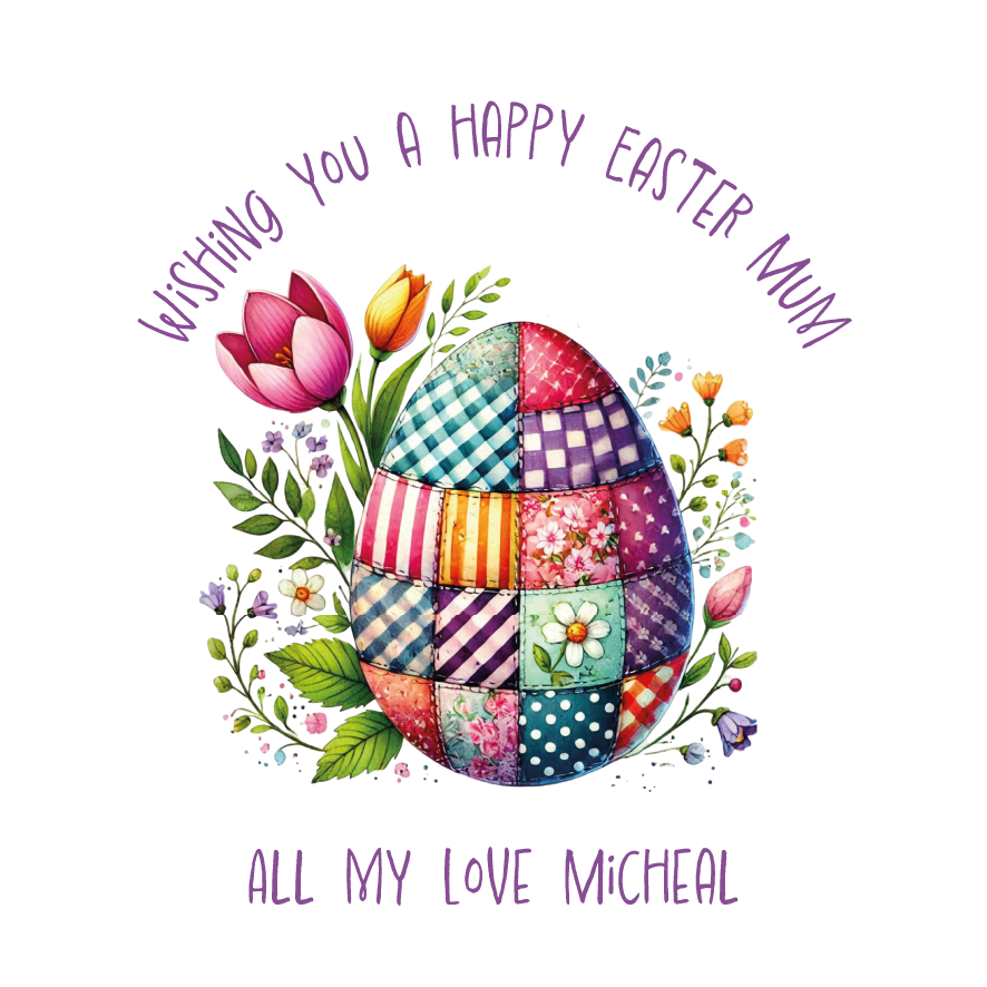 Colorful patchwork Easter egg with flowers and text on a white background. Can be personalised with Name and Relation