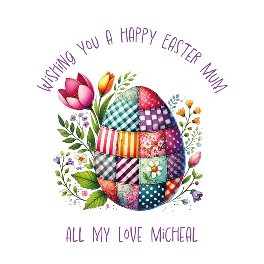 Colorful patchwork Easter egg with flowers and text on a white background. Can be personalised with Name and Relation