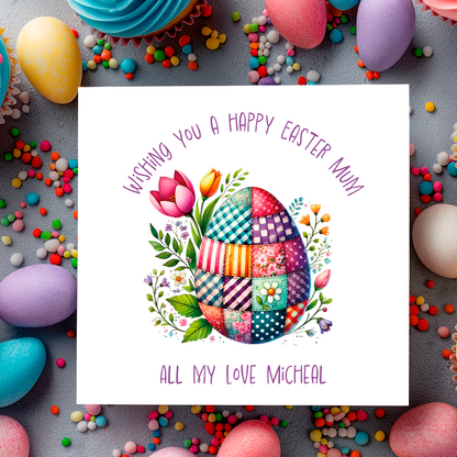 Easter card with colourful patchwork egg and flowers on a grey background. Can be personalised with Name and Relation