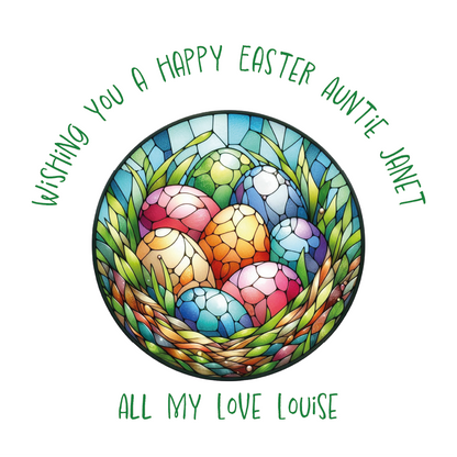 Colorful stained glass-style Easter eggs in a basket with personalized text on a white background Can be personalised with Name and Relation