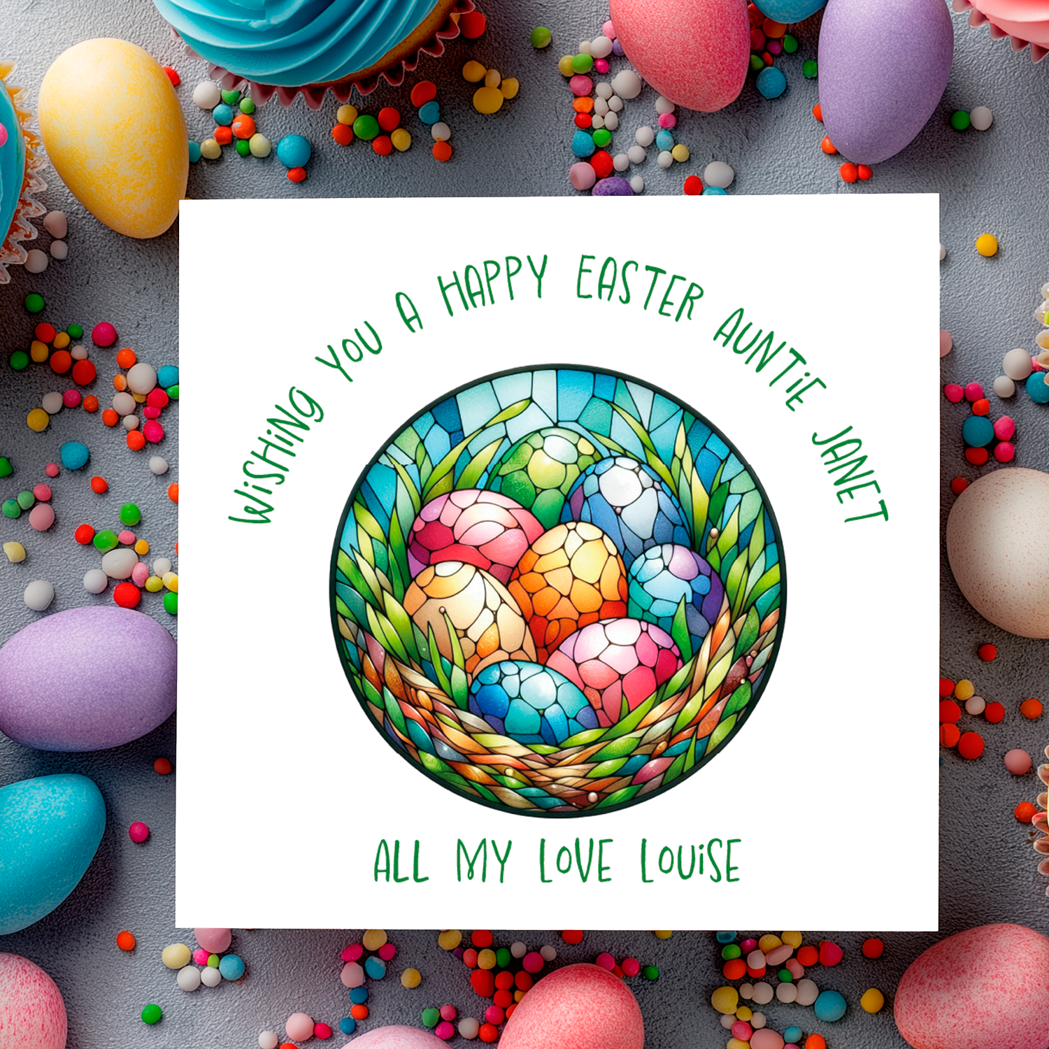 Easter card with colorful eggs and text surrounded by Easter eggs and candies. Can be personalised with Name and Relation