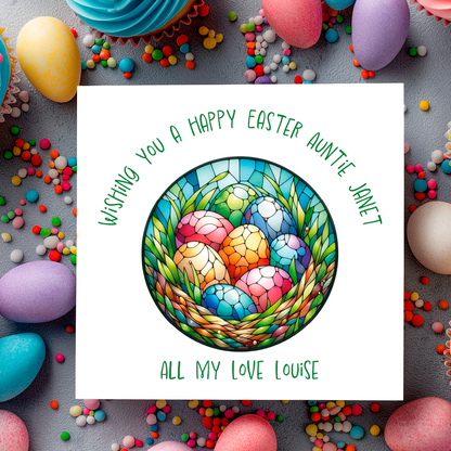 Easter card with colorful eggs and text surrounded by Easter eggs and candies. Can be personalised with Name and Relation