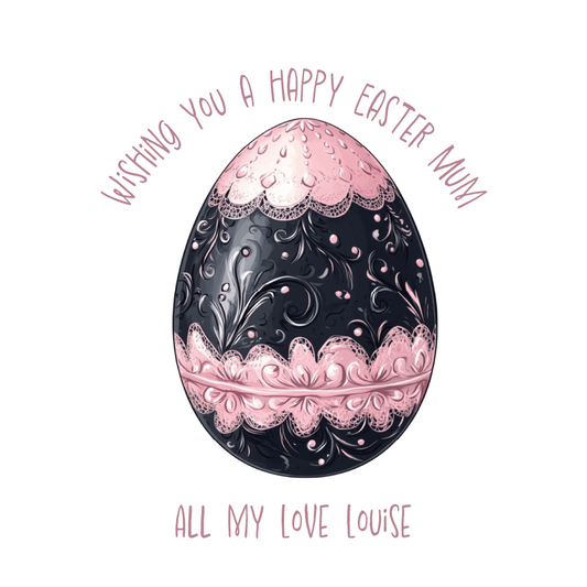 Decorative Easter egg with pink and black design and 'Happy Easter' text on a white background. Can be personalised with Name and Relation