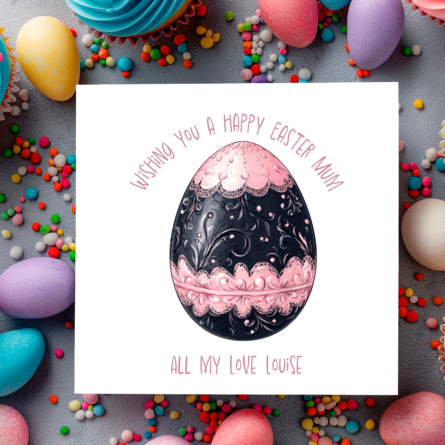 Easter egg card with colorful egg and sprinkles on a grey background. Can be personalised with Name and Relation