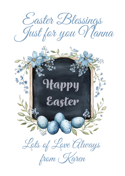 Easter card with chalkboard, eggs, and floral wreath on a white background Can be personalised for name and relation