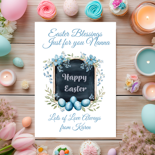 Easter-themed card with personalized message surrounded by Easter decorations on a wooden surface. Can be personalised for name and relation