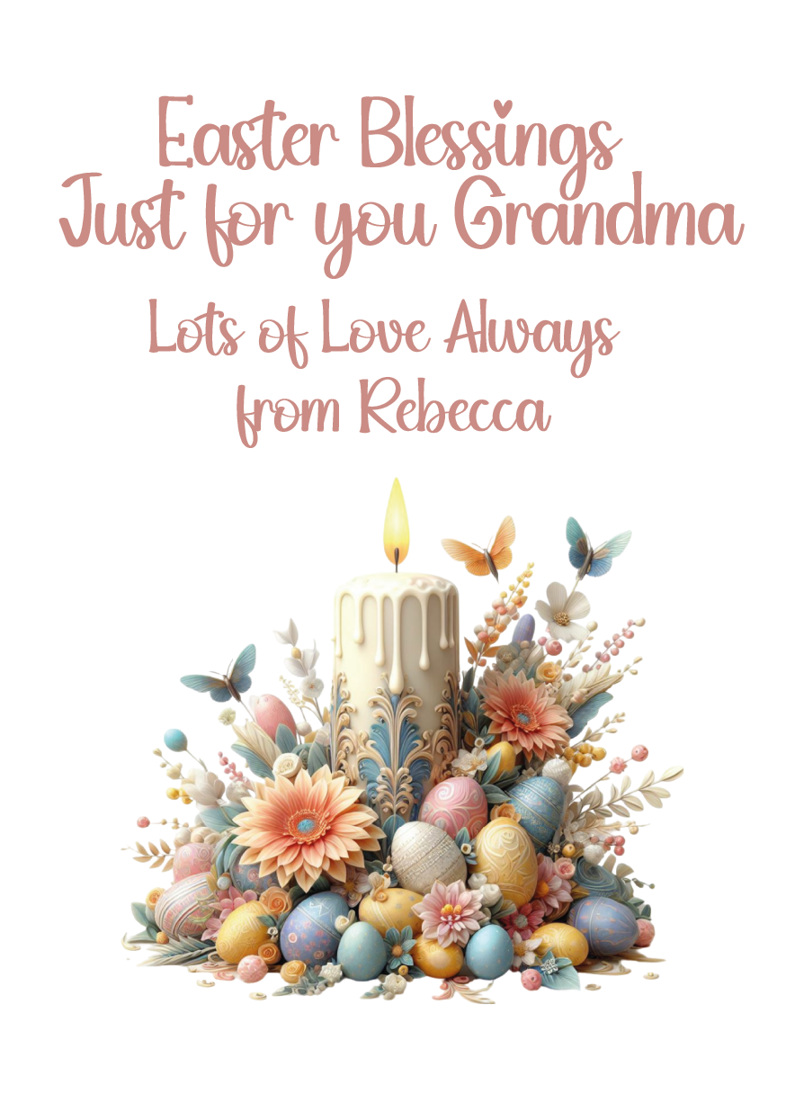 Easter-themed card with flowers, eggs, and a candle, featuring personalised text. Can be personalised for name and relation