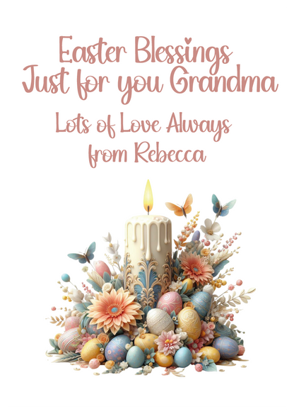 Easter-themed card with flowers, eggs, and a candle, featuring personalised text. Can be personalised for name and relation