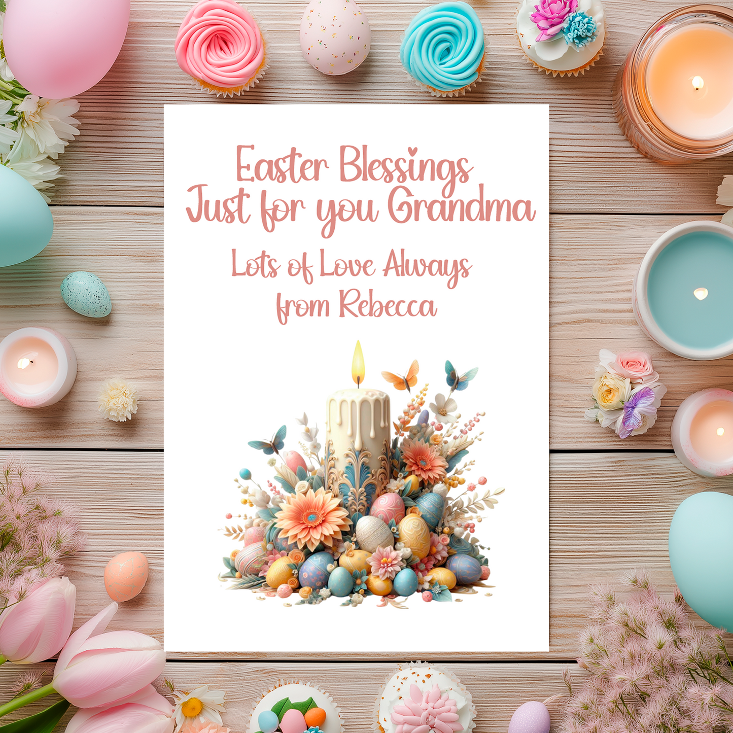 Easter-themed card with candle, eggs, and flowers on a wooden background. Can be personalised for name and relation
