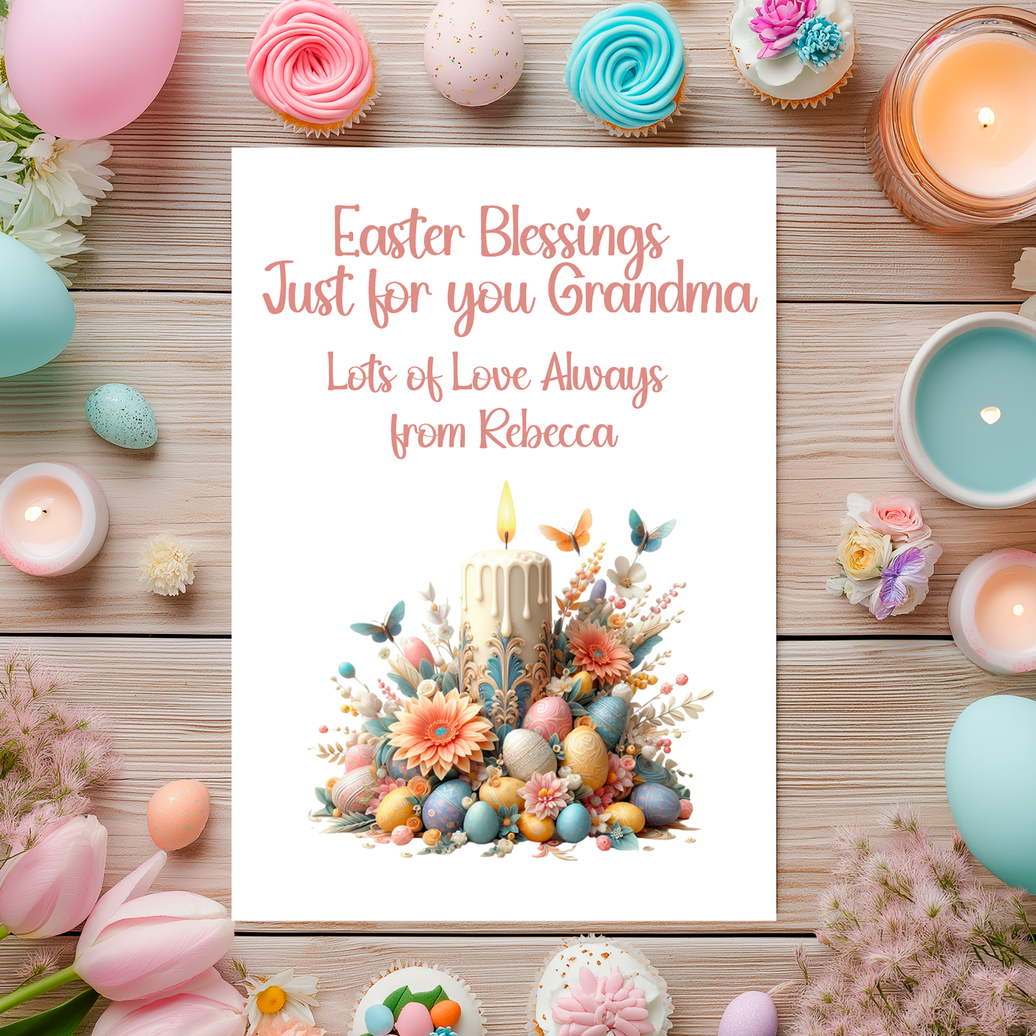 Easter-themed card with candle, eggs, and flowers on a wooden background. Can be personalised for name and relation