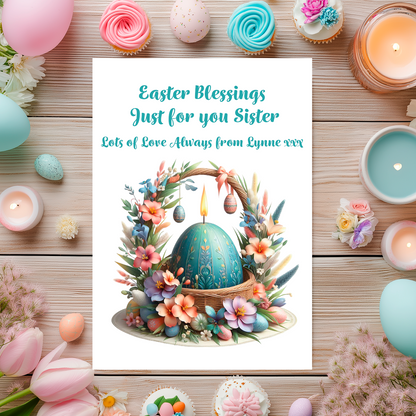 Easter-themed card with candles, eggs, and flowers on a wooden background. Can be personalised for name and relation