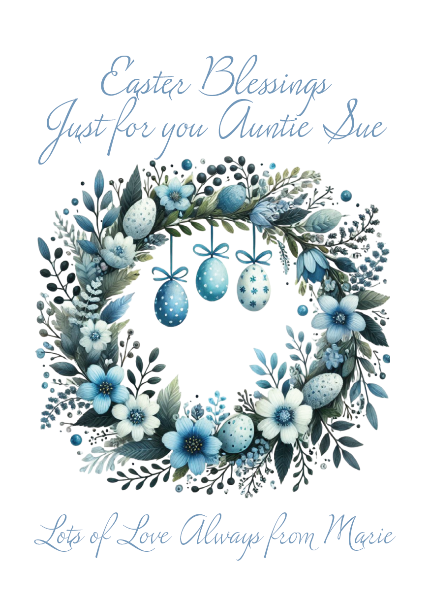 Easter greeting card with floral wreath and personalized text on a white background. Can be personalised for name and relation 