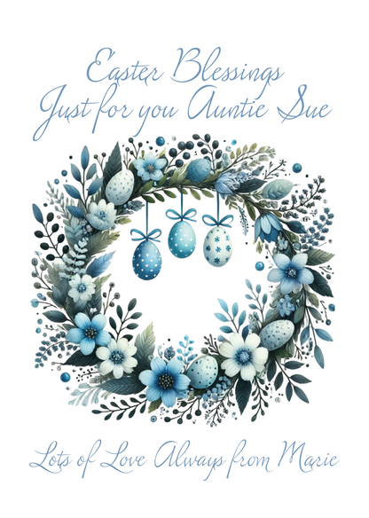 Easter greeting card with floral wreath and personalized text on a white background. Can be personalised for name and relation 