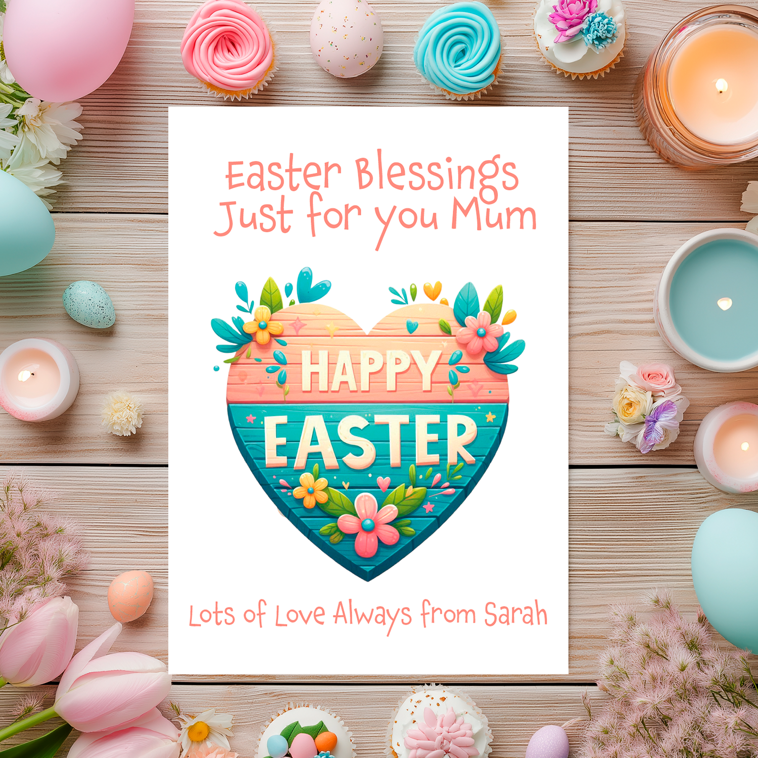 Easter-themed card with decorative elements on a wooden background. Can be personalised for name and relation