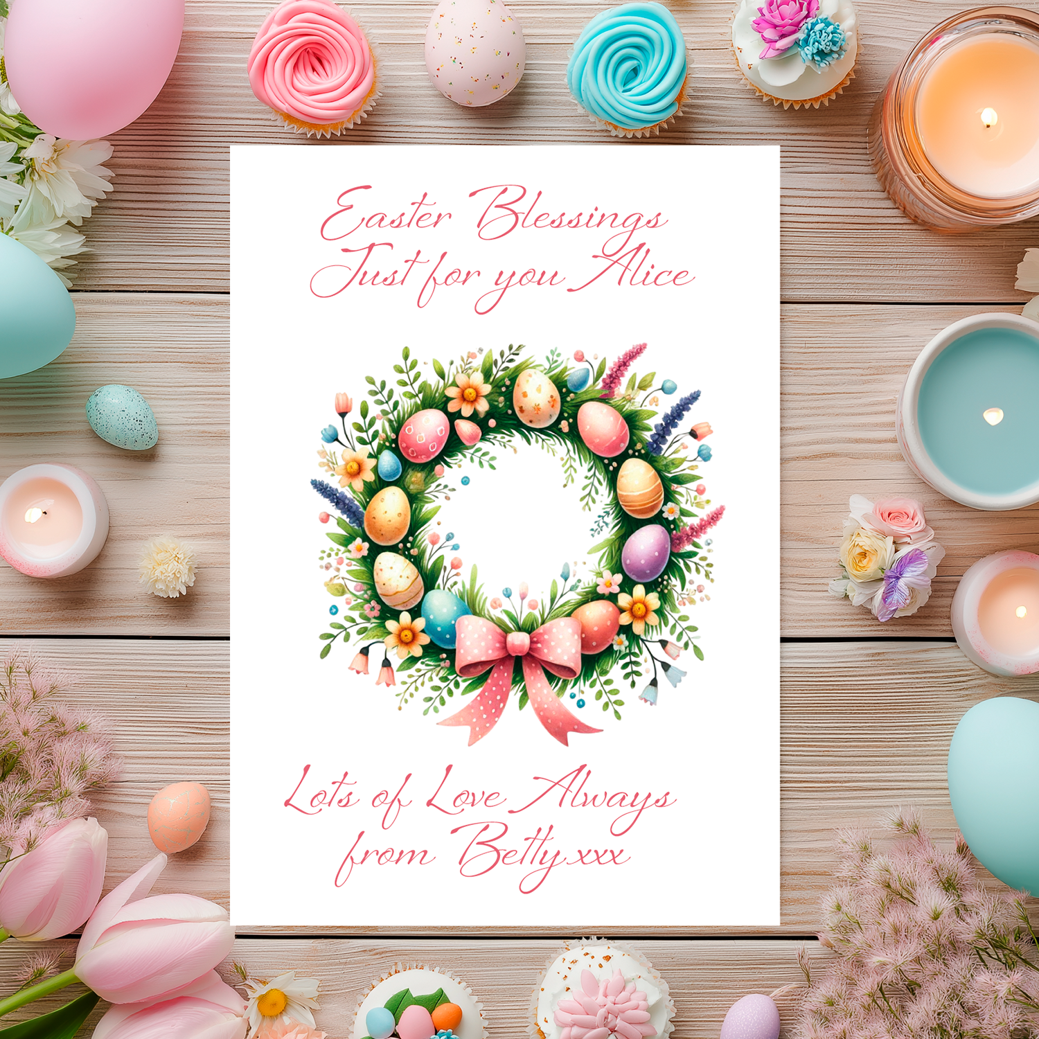 Easter-themed card with wreath design and personalized message on a wooden background with Easter decorations. Can be personalised for name and relation