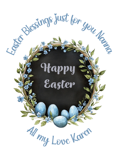 Easter greeting card with blue eggs, floral wreath, and personalised text on a white background. Can be personalised for name and relation