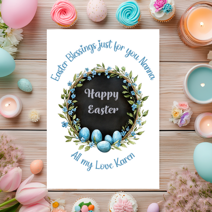 Easter-themed collage with personalized greeting card, candles, and pastel-colored Easter eggs on a wooden surface.  Can be personalised for name and relation