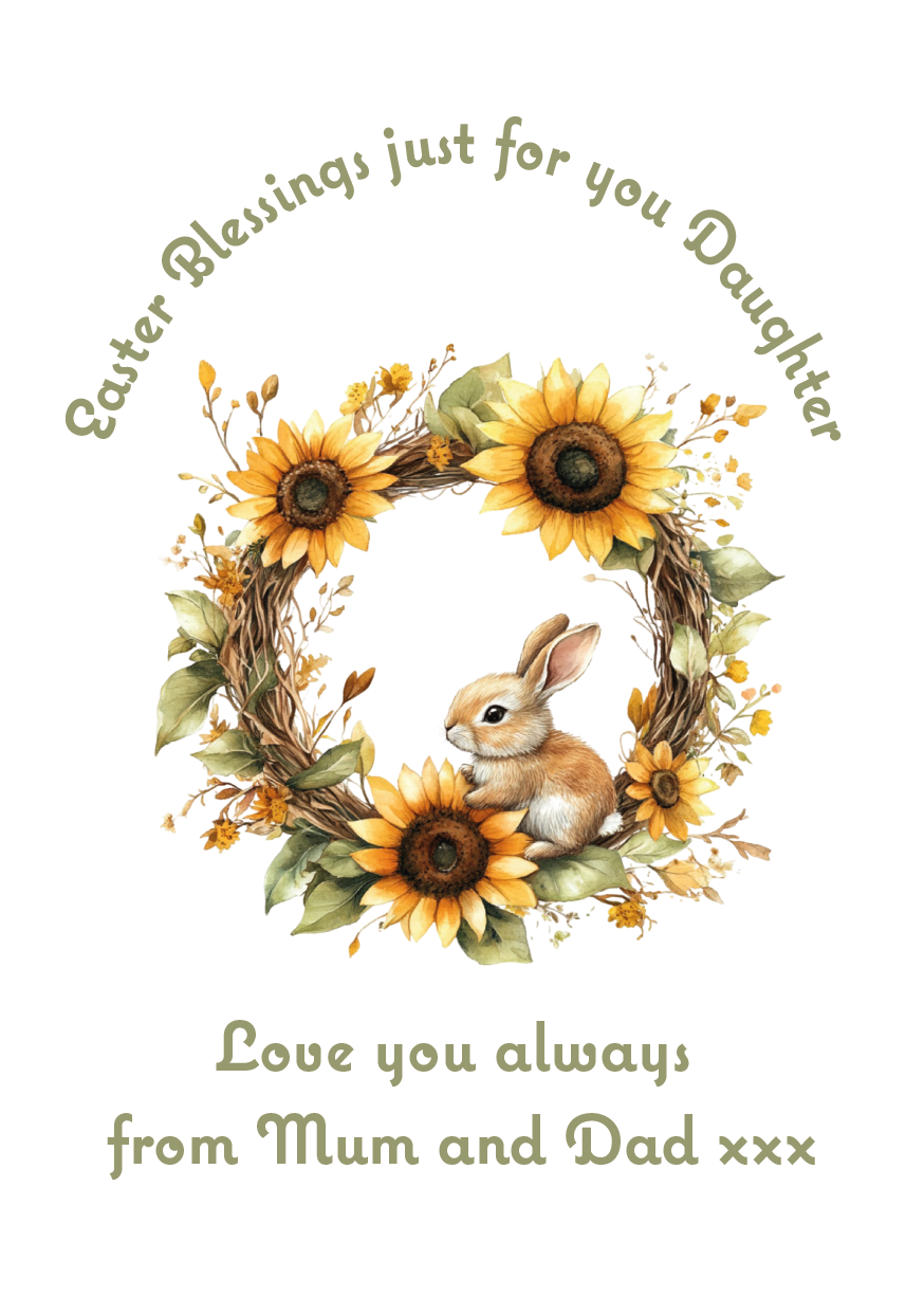 Easter card with a rabbit and sunflowers, featuring text 'Blessings just for you Daughter, Love you always from Mum and Dad xxx' on a white background. Can be personalised for name and relation