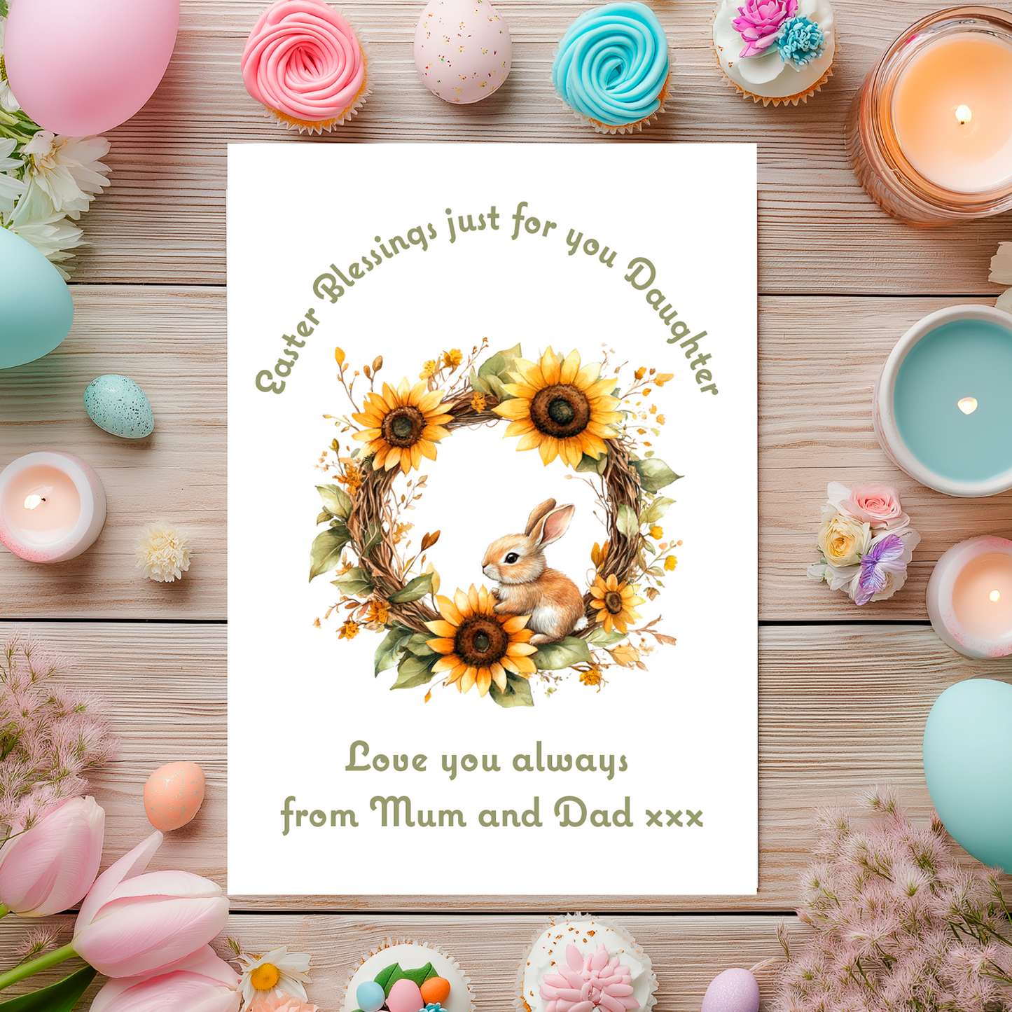Easter-themed card with bunny and sunflower design, surrounded by Easter decorations on a wooden surface. Can be personalised for name and relation